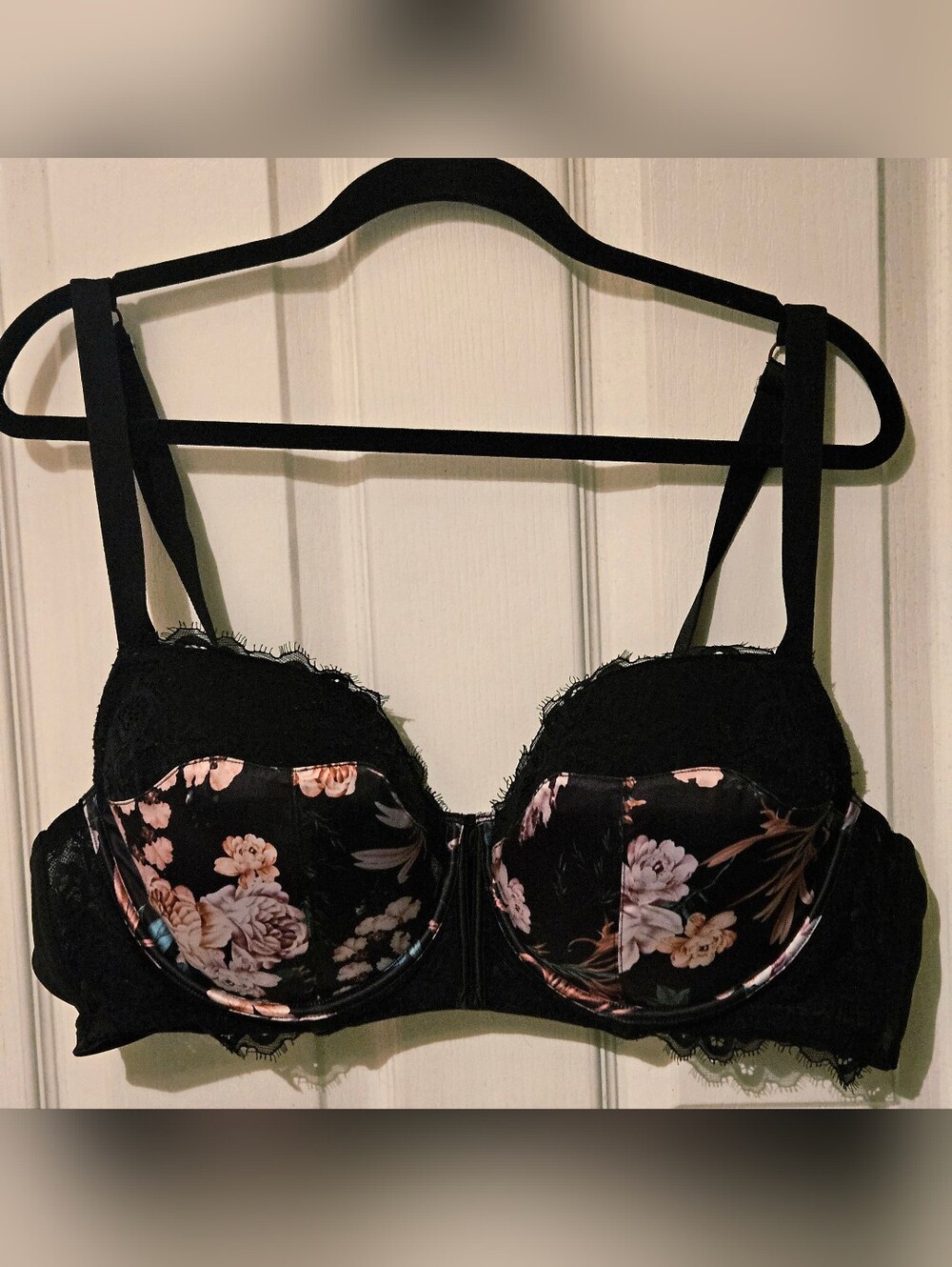 City Chic Black Floral Lace Underwire Bra with Pink Accents